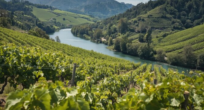Lookdown on sprawling vines across a river valley renowned for fresh white sauvignon blanc grapes