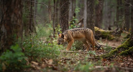 Fototapeta premium Lupine creature stealthing through an expansive wooded area