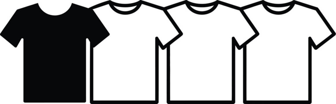 Row of four flat t-shirt icons with one solid black shirt standing out against three white shirts on white background.