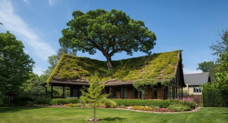 Fototapeta premium Nature inspired house with a tree rising prominently through the roofing