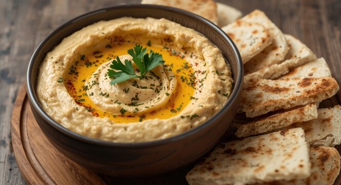 Creamy chickpea hummus served with parsley garnish inside a bowl and warm pitta bread