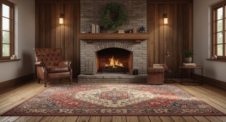 Fototapeta premium Cozy countryside style space with large rug leather chair fireplace and copy space for text