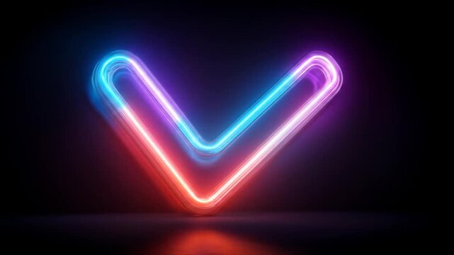 Neon light check mark symbol on black background for design