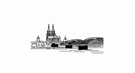Obraz premium Detailed line drawing of a gothic cathedral and a multi-arch bridge over a river
