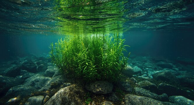 Rich aquatic ecosystem displaying diverse plant life and stable rock shelters