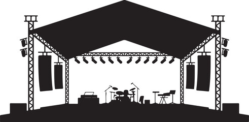 Obraz premium Black silhouette of a stage with a drum set and lighting equipment