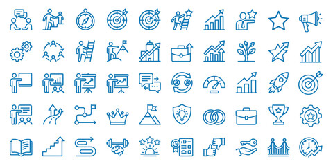 Naklejka premium 50 Coaching Growth Line Icons Set – Business Mentorship, Productivity, Goal Tracking and Success Development Outline Vector. Stakeholder icon set. Containing team building, teamwork, coaching, meeting