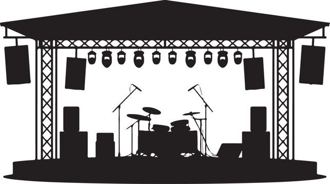Black silhouette of a stage with a drum set and lighting equipment