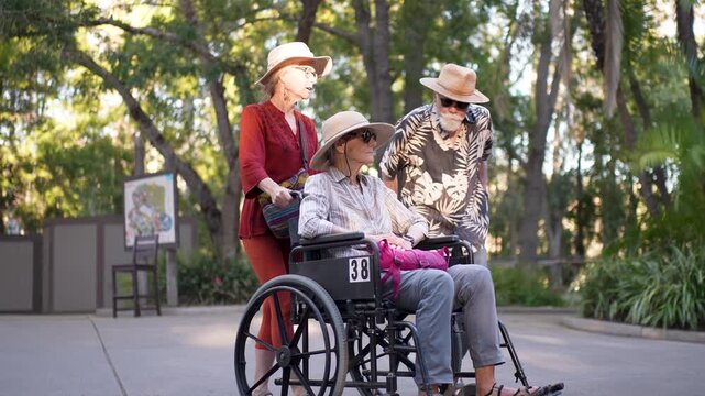 Mature woman pushes mother in wheelchair while father walks beside them during their fun day at the zoo in San Diego.