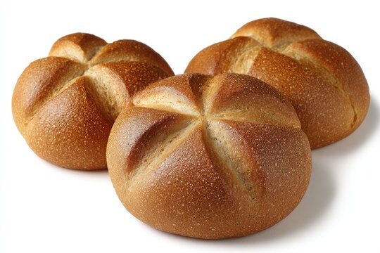 Freshly baked bread rolls isolated on a white background with soft shadows