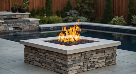 Fototapeta premium Sleek gas fire pit with black glass decor integrated poolside delivering warmth and style for year round events
