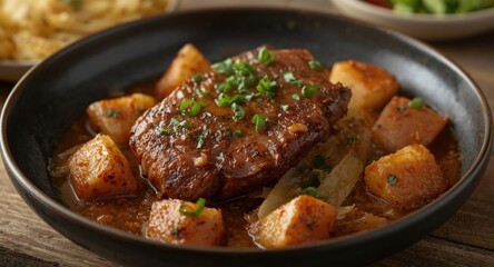 Fototapeta premium Rustic Pork Belly and Cabbage Trinxat Served with Crispy Potato Chunks