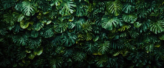 Fototapeta premium Layered tropical foliage wall with dense leaves and vivid green color highlights