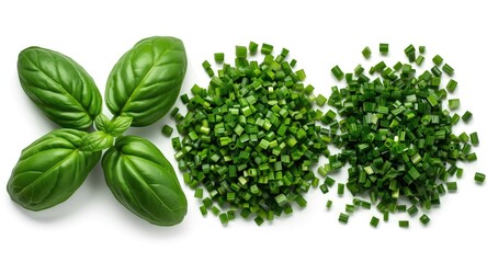 Obraz premium Green basil leaves and chopped chives herbs freshly prepared on a white backdrop