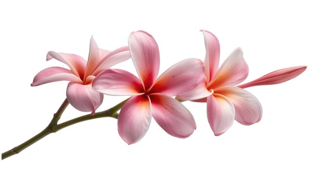 Isolated tropical plumeria flower branch in shades of pink and white on white background with clipping path