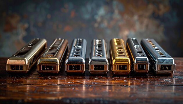 A Collection of Gleaming Harmonicas Lined Up on a Wooden Surface, Showcasing Musical Heritage and Craftsmanship