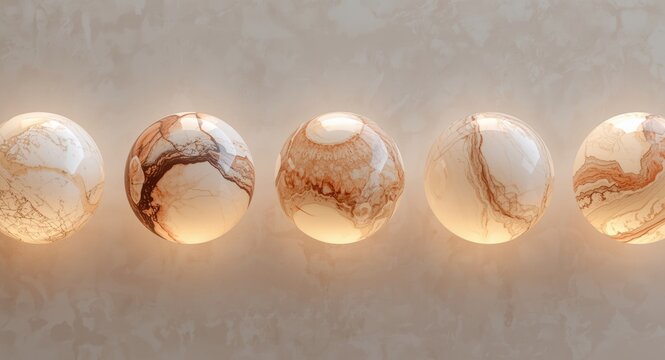 Luminous polished marble orbs with unique patterns positioned consecutively on a light toned surface