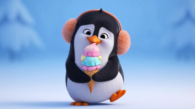 Cute penguin enjoys ice cream in winter wonderland wearing earmuffs adorable 3d character animation