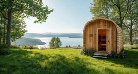 Obraz premium Scenic view of Finnish sauna framed by verdant terrain and distant bay