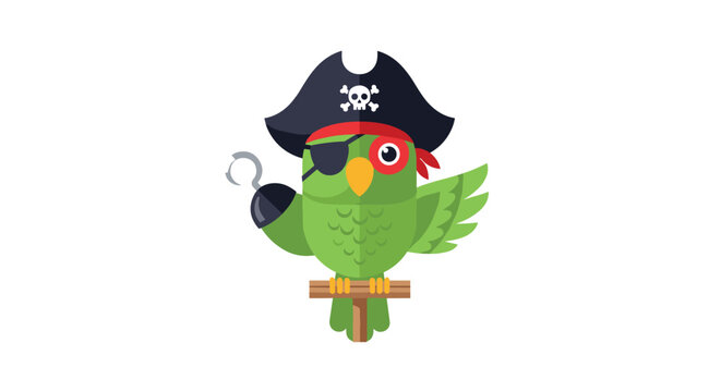 A cartoon green parrot dressed as a pirate with a hat and hook hand perches on a wooden stick on a white background.
