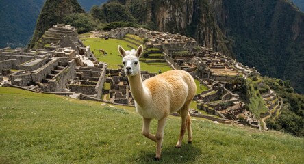 Fototapeta premium Happy pet alpaca wandering on vibrant grass lawn close to historic Inca ruins and a calm river