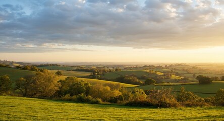 Fototapeta premium Peaceful golden hour vista of wide green rolling hills with tree clusters and a sky filled with gentle clouds including copy space