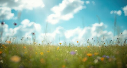 Soft green bokeh illuminated meadow against a vibrant blue sky for Earth Day celebration