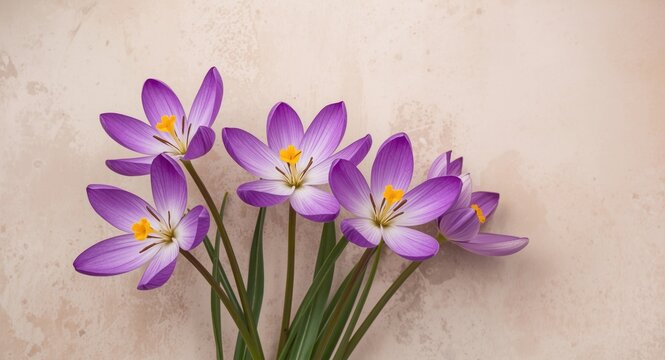 Pasque flowers with bright purple petals blossoming on a soft textured muted background celebrating springtime
