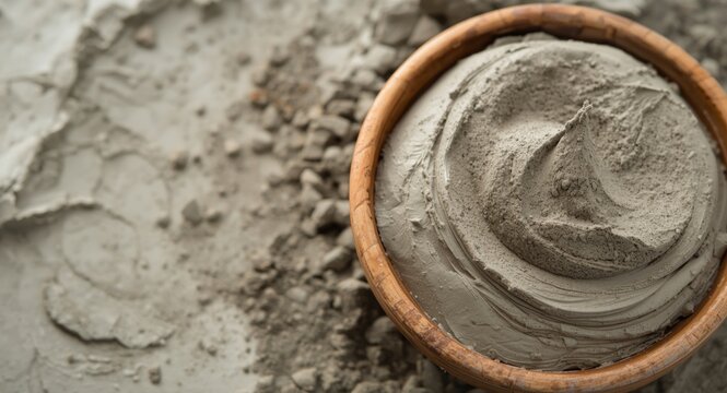 Natural bentonite clay close up in bowl for DIY skin mask with copy space area