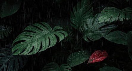 Fototapeta premium layered tropical leaves and anthurium in rainforest heavy rainfall