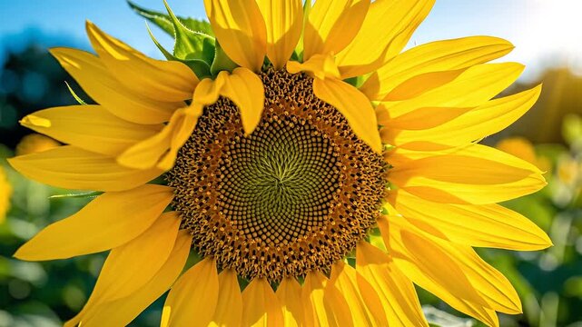 Close up of a sunflower in full bloom against blue sky