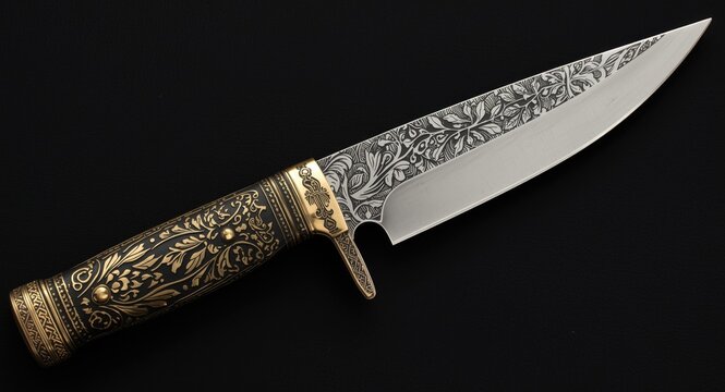 Knife with intricately decorated handle and highly polished blade exhibiting masterful detailed craftsmanship