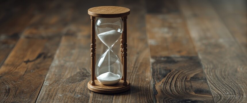 Sandglass and egg timer on wooden floor depicting urgency and time management for business