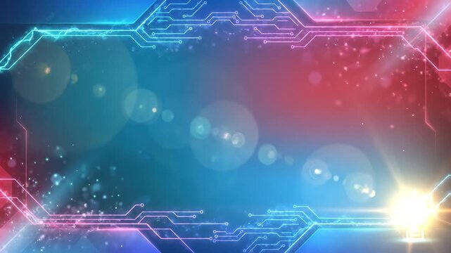 Futuristic digital circuit technology background with glowing blue and red light effects, lens flare, and abstract design featuring electric circuit lines and trophy icon symbolizing achievement
