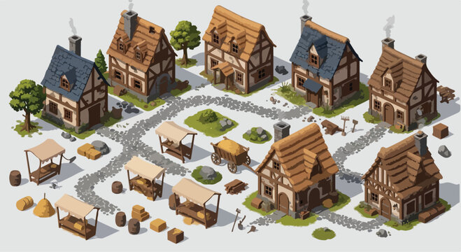 Isometric Medieval Village Building and Market Stall Vector Set for Game Assets, Fantasy Maps, or Historical Illustrations
