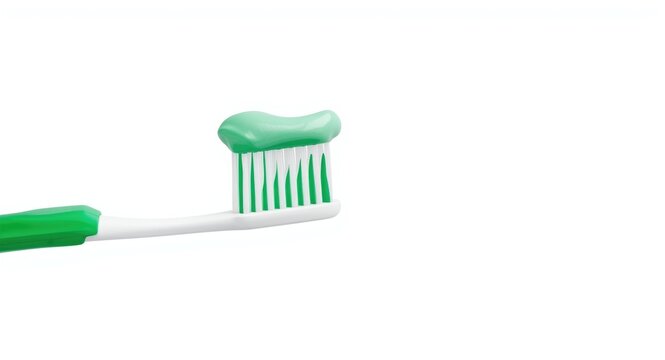 Green toothbrush side perspective coated with fresh mint herbal toothpaste on white background with clipping path emphasizing hygiene routine