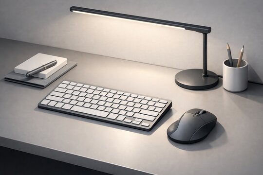 A semi-realistic 3D illustration of a minimalist home workspace with a wireless keyboard, ergonomic mouse, and a slim desk lamp casting soft light across the desk.