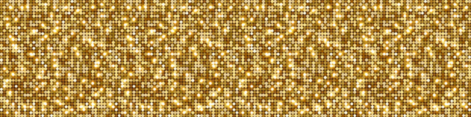 Horizontal luxury premium golden glitter background, gold bokeh lights, sparkles and glares. Abstract glowing sequin wall. Empty polka dot gold festive, elegant New Year backdrop vector EPS10 © Iulia