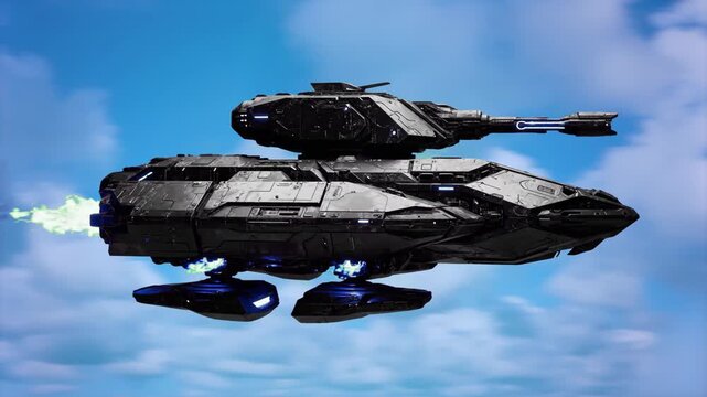 A massive, high-tech armored tank or hover-vehicle flying above a layer of soft white clouds. This 3D render represents advanced sci-fi military technology and aerial deployment.