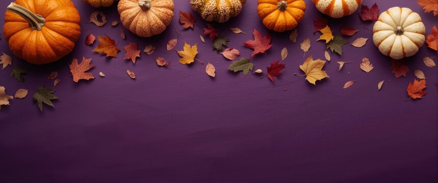 Halloween spooky flat lay featuring pumpkins and colorful leaves on violet background
