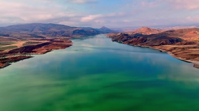 Cinematic aerial view of a turquoise lake stretching through arid hills and distant mountains. Calm water, soft clouds, and broad rural terrain create a serene natural landscape.