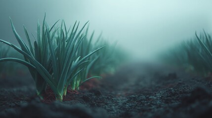 Naklejka premium Photorealistic macro shot of fresh leeks growing in moist soil with soft, atmospheric lighting