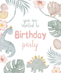 Watercolor dinosaur birthday invite. Cute stegosaurus and baby egg. Hand-painted floral party card. © Karina Martirosova