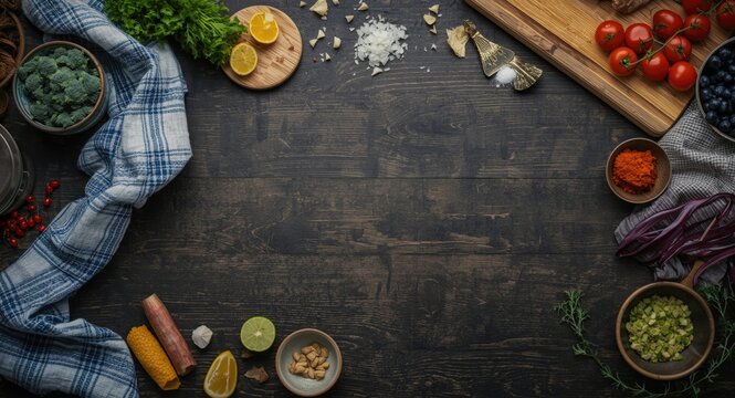 Meal preparation top view featuring wooden board and fresh food on dark wood background with copy space