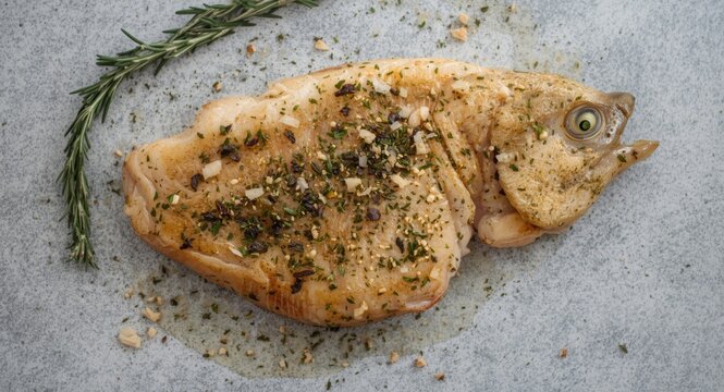 Herb seasoned Atlantic wolffish steak ready to cook