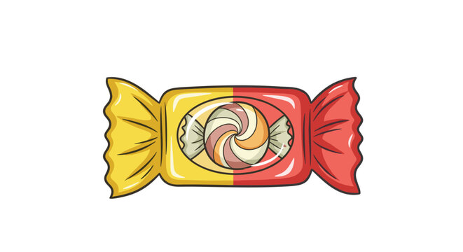 A single candy with a red and yellow wrapper reveals a colorful swirled sweet through a transparent oval window against a white background.