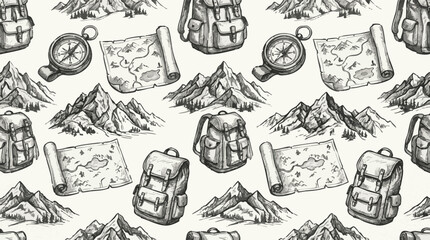 Seamless repeating pattern of hand-drawn vintage maps, backpacks, and compasses, perfect for adventure and travel themed designs © Abbey Hananta