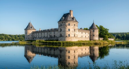 Fototapeta premium old defensive castle surrounded by still water on a clear summer day
