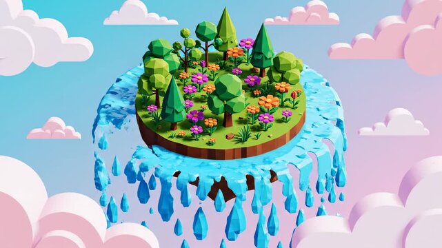 Low poly island with cascading waterfall and trees featuring a sky with pink and white clouds in a cartoon style