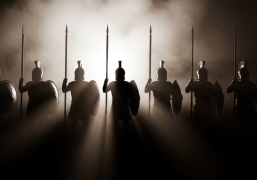 Spartan Warrior Silhouettes Standing in Formation with Spears and Shields in Smoky Battlefield for Leadership and Courage Concept